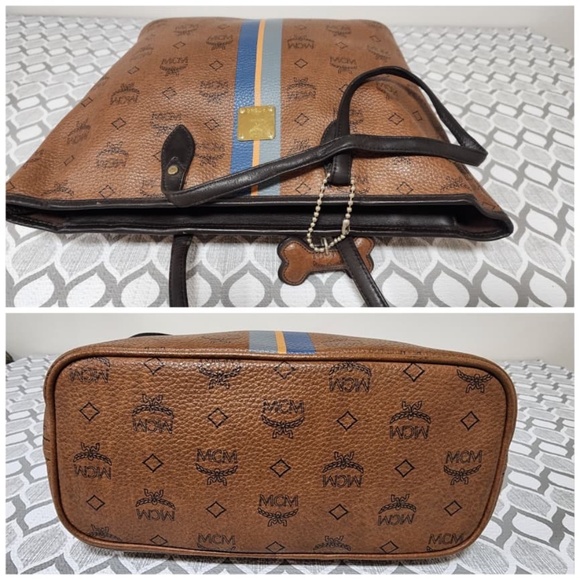 Authentic MCM Visetos Dog Bone Striped Shopper Tote Bag Brown - Picture 12 of 13